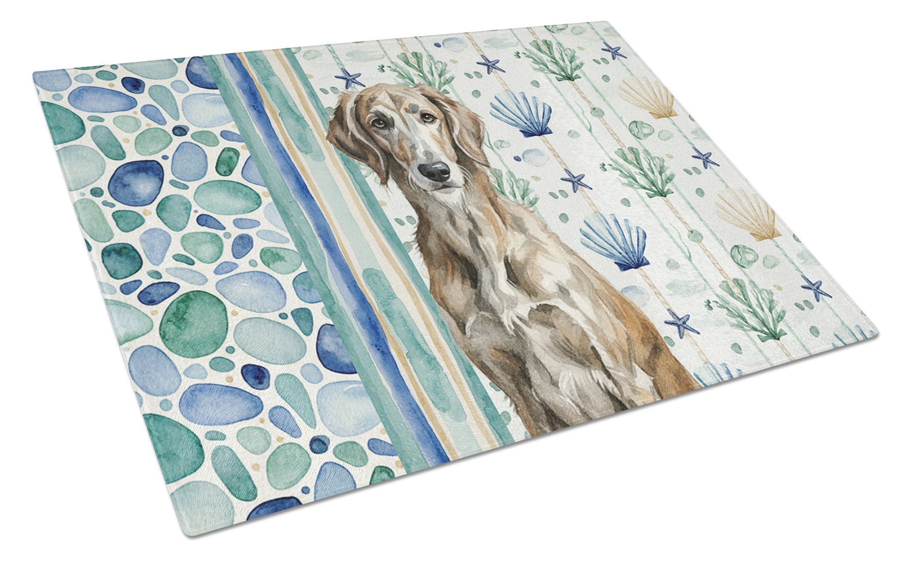 Brindle Scottish Deerhound Coastal Sea Glass Cutting Board Tempered Glass Kitchen Cutting Surface, Heat Resistant Chopping, Non-Slip Feet, Food Prep & Serving