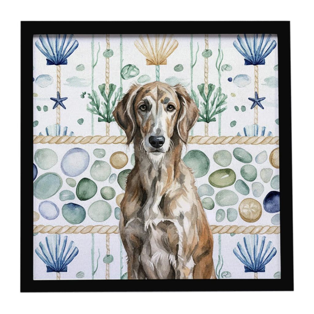Brindle Scottish Deerhound Coastal Sea Glass Framed Metal Print Bathroom, Kitchen, Office, Home Decor Wall Art Ready to Hang, Square, 8X8