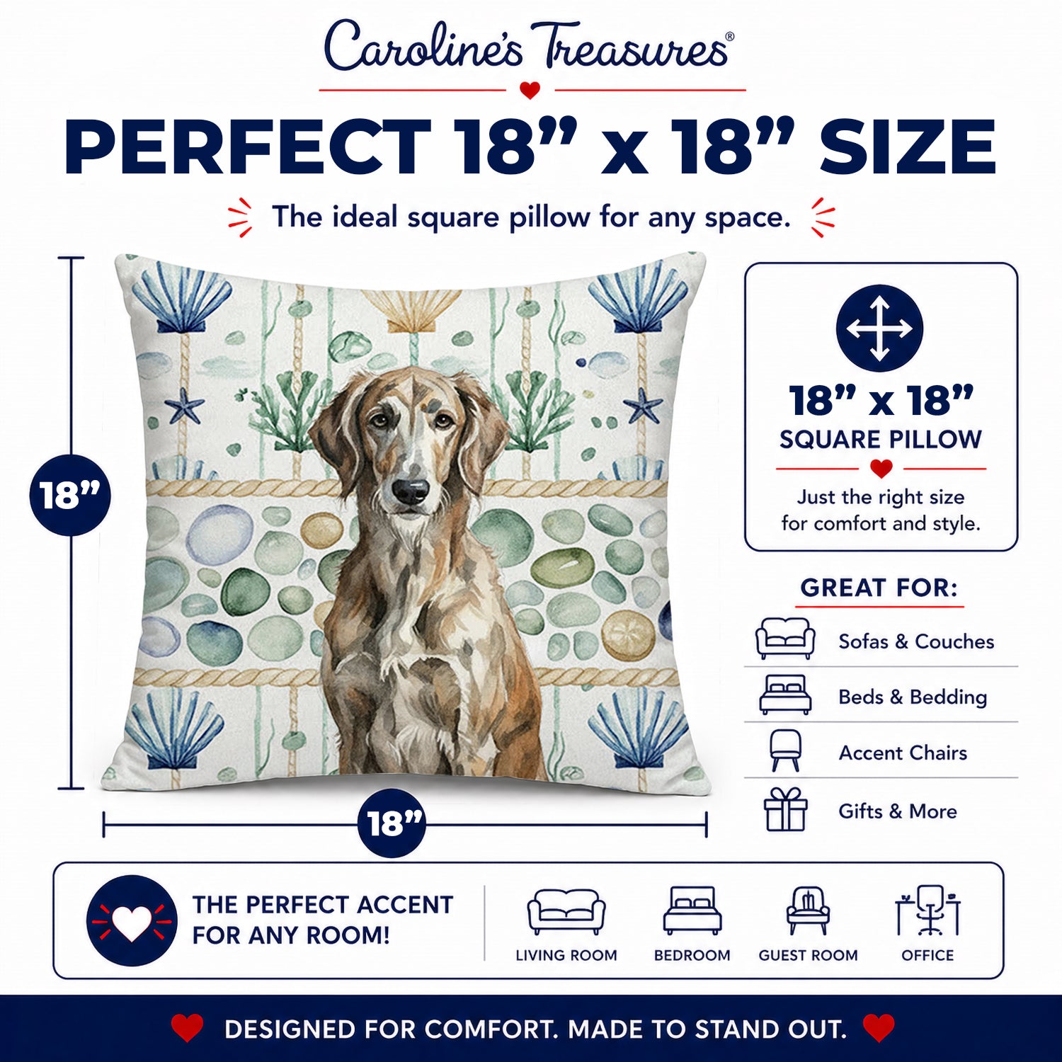 Brindle Scottish Deerhound Coastal Sea Glass Decorative Throw Pillow 18x18 Indoor Outdoor Accent Cushion, Fabric Cover with Insert for Sofa, Bed, Porch & Living Room
