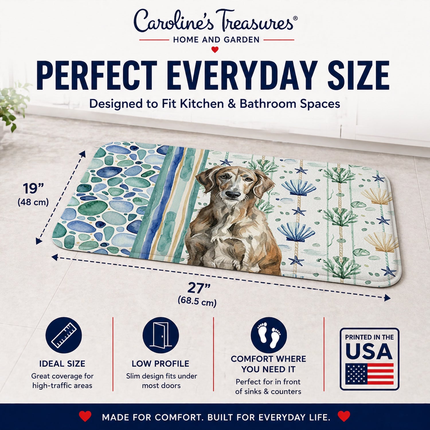Brindle Scottish Deerhound Coastal Sea Glass Memory Foam Kitchen Mat Machine Washable Anti-Fatigue Cushion Comfort Bath or Kitchen Rug