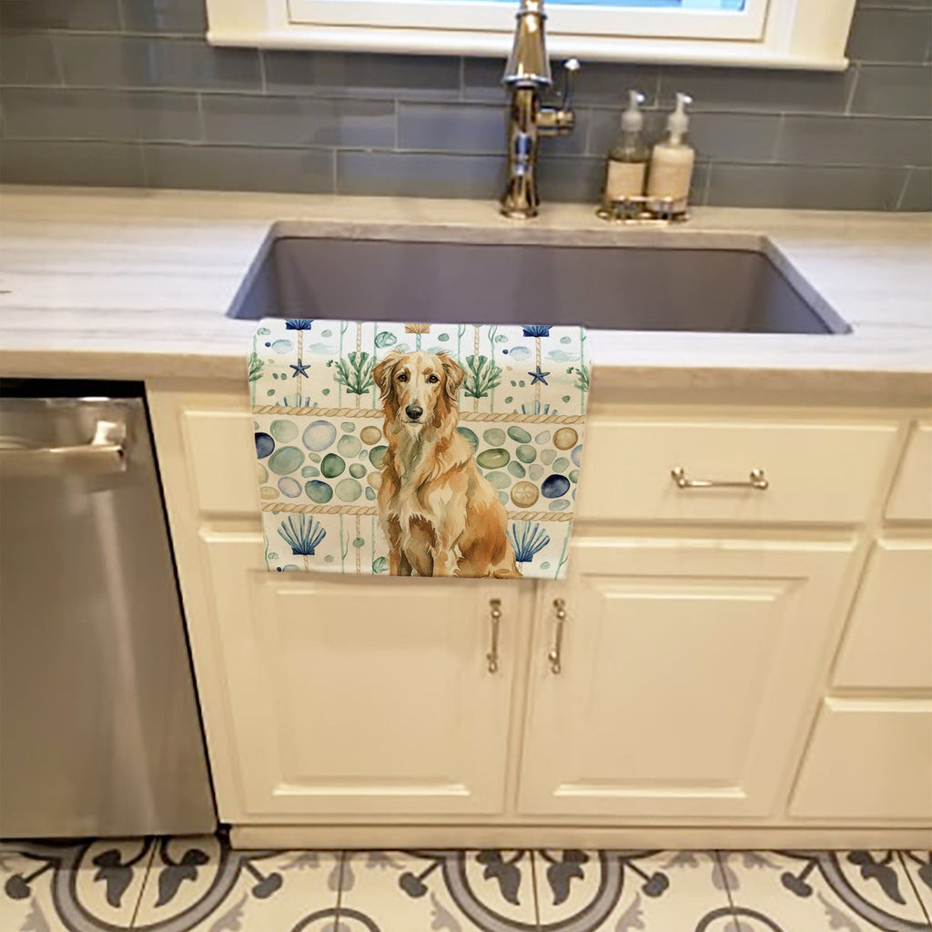 Wheaten Scottish Deerhound Coastal Sea Glass Kitchen Towel Velour Plush Front and Cotton Loop Back Machine Washable
