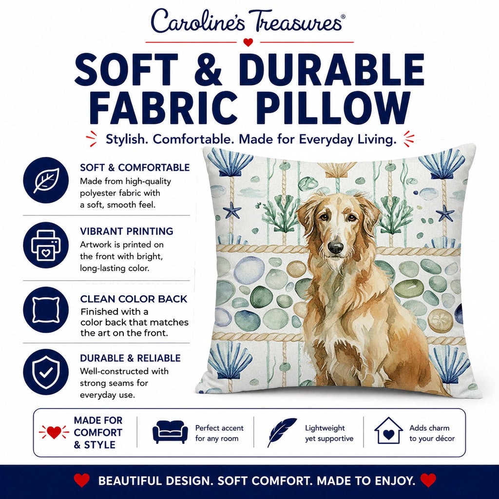 Wheaten Scottish Deerhound Coastal Sea Glass Decorative Throw Pillow 14x14 Indoor Outdoor Accent Cushion, Fabric Cover with Insert for Sofa, Bed, Porch & Living Room