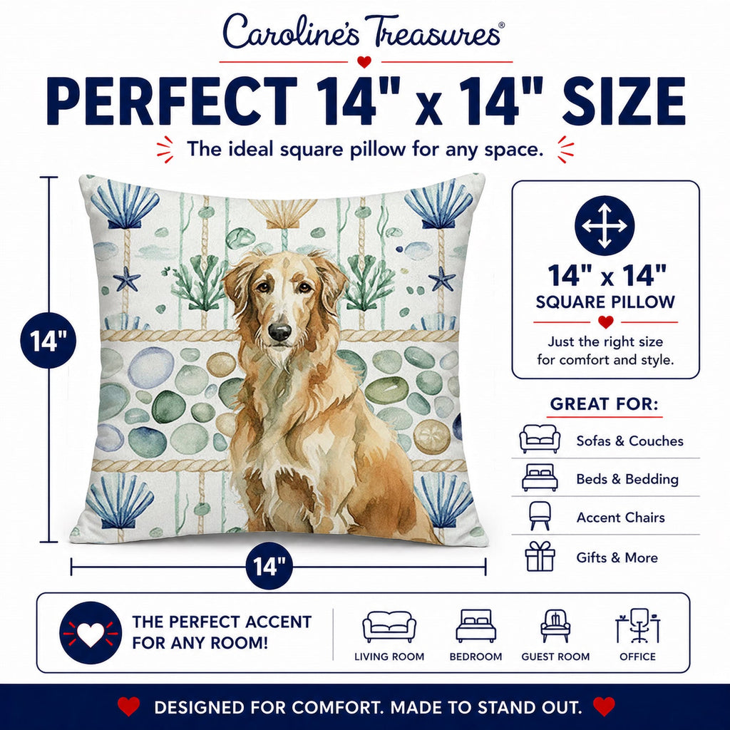 Wheaten Scottish Deerhound Coastal Sea Glass Decorative Throw Pillow 14x14 Indoor Outdoor Accent Cushion, Fabric Cover with Insert for Sofa, Bed, Porch & Living Room