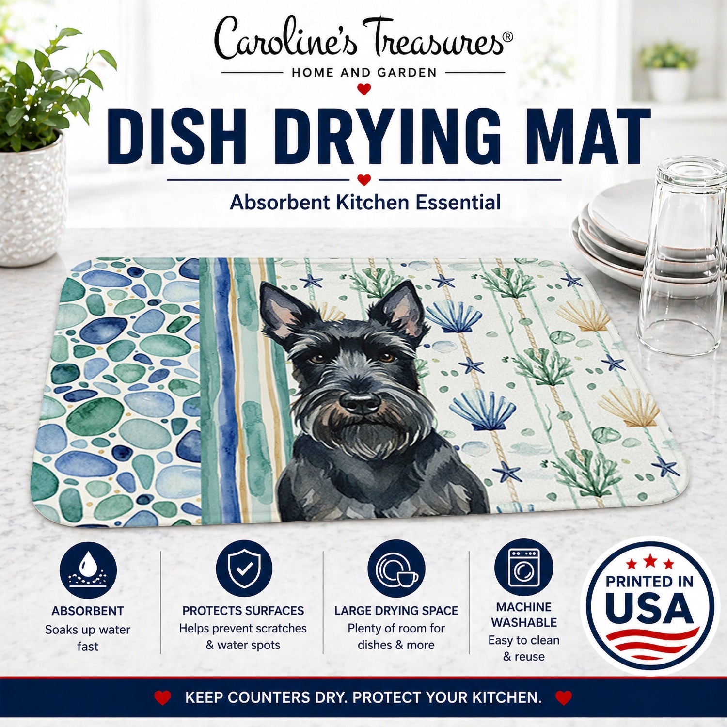 Scottish Terrier Coastal Sea Glass Dish Drying Mat Absorbent Dish Drying Mat Pad for Kitchen Counter Dish Drainer Mat for Countertop, 14 x 21", Multicolor