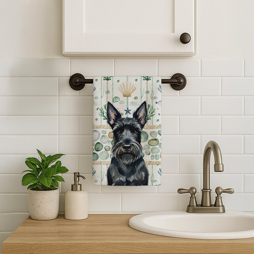 Scottish Terrier Coastal Sea Glass Kitchen Towel Velour Plush Front and Cotton Loop Back Machine Washable