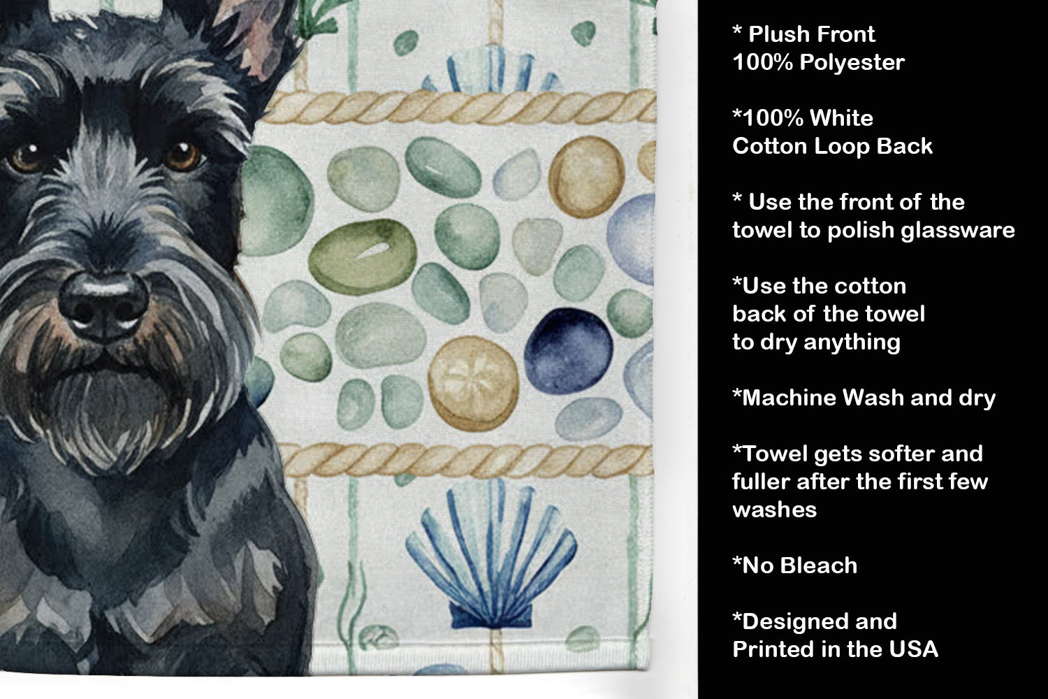 Scottish Terrier Coastal Sea Glass Kitchen Towel Velour Plush Front and Cotton Loop Back Machine Washable