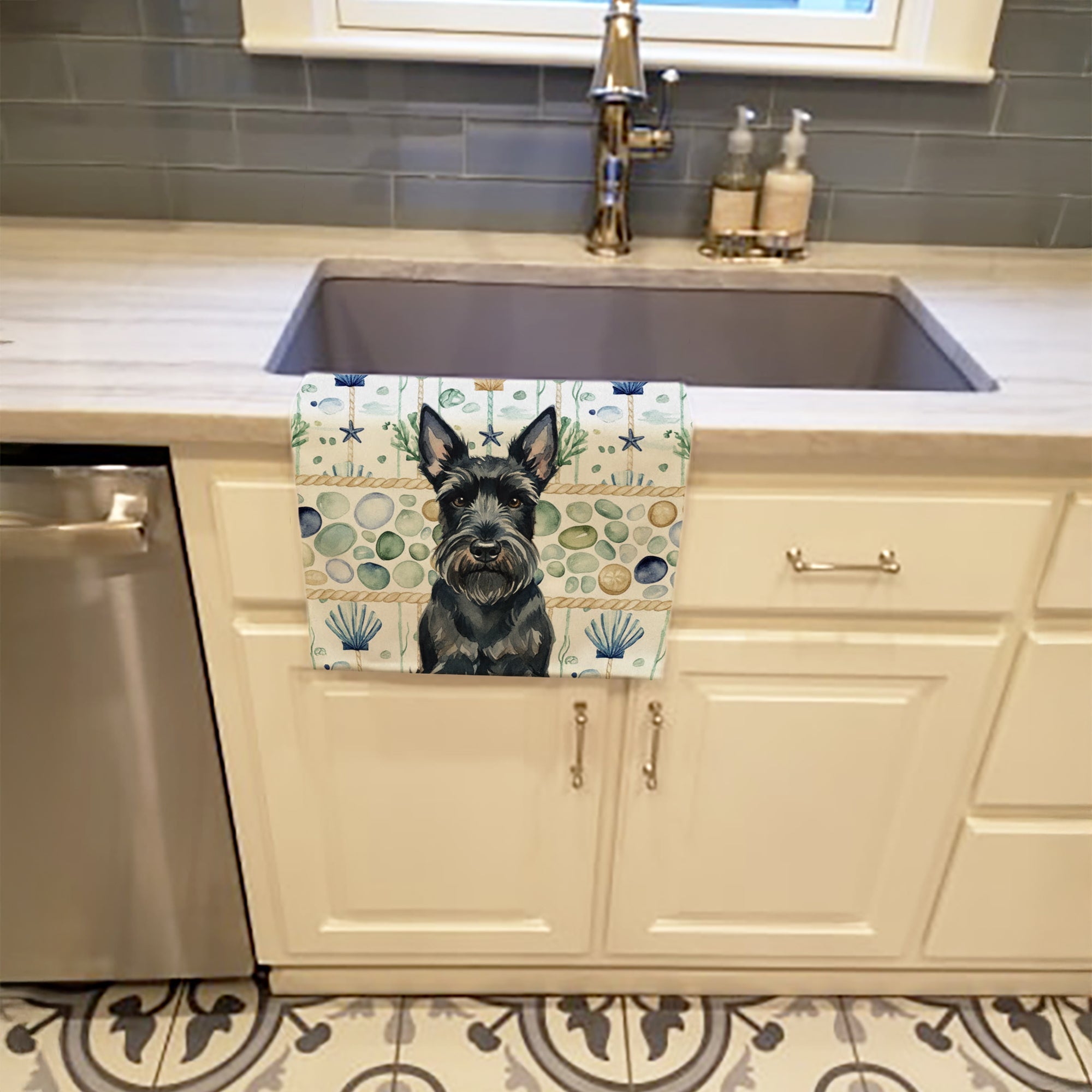 Scottish Terrier Coastal Sea Glass Kitchen Towel Velour Plush Front and Cotton Loop Back Machine Washable