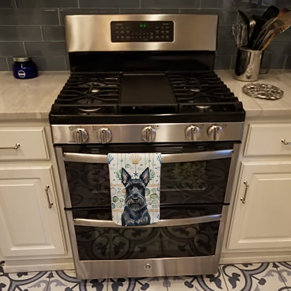 Scottish Terrier Coastal Sea Glass Kitchen Towel Velour Plush Front and Cotton Loop Back Machine Washable