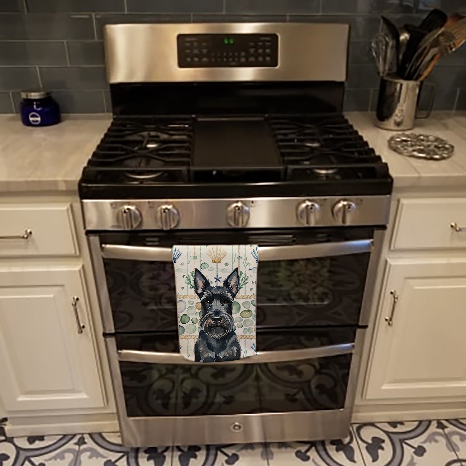 Scottish Terrier Coastal Sea Glass Kitchen Towel Velour Plush Front and Cotton Loop Back Machine Washable