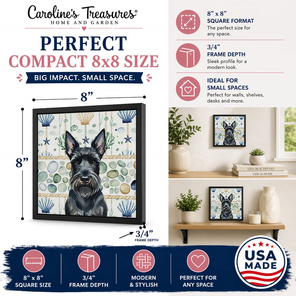 Scottish Terrier Coastal Sea Glass Framed Metal Print Bathroom, Kitchen, Office, Home Decor Wall Art Ready to Hang, Square, 8X8
