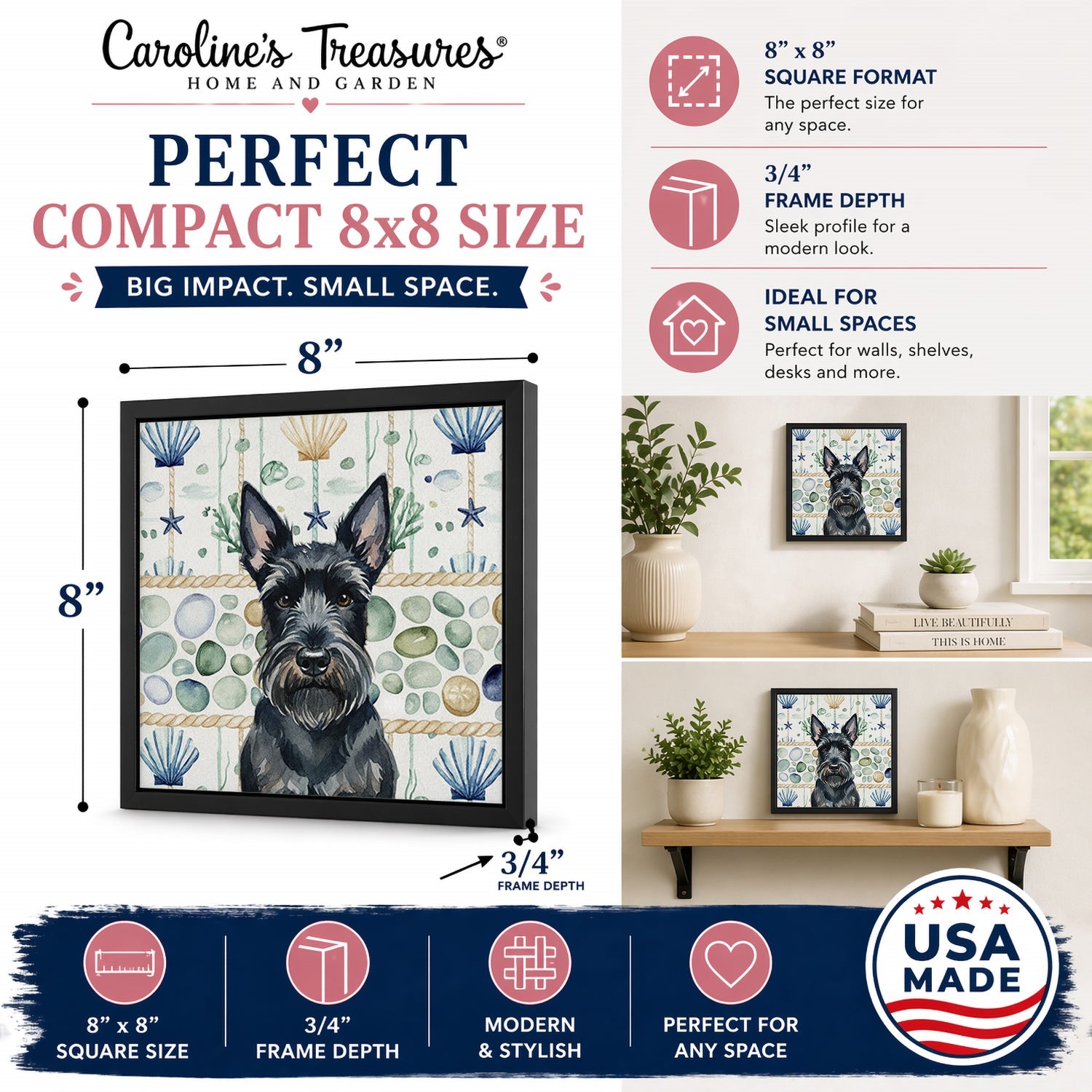 Scottish Terrier Coastal Sea Glass Framed Metal Print Bathroom, Kitchen, Office, Home Decor Wall Art Ready to Hang, Square, 8X8
