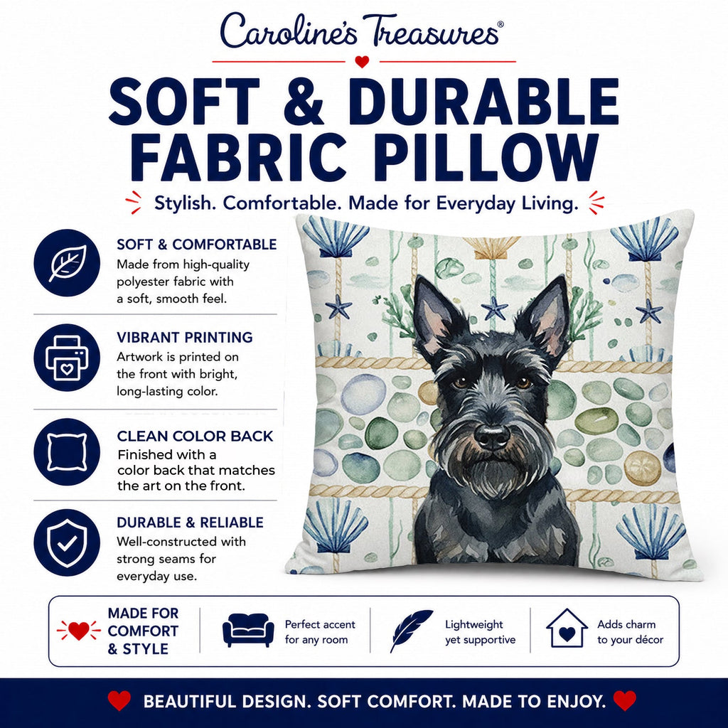 Scottish Terrier Coastal Sea Glass Decorative Throw Pillow 14x14 Indoor Outdoor Accent Cushion, Fabric Cover with Insert for Sofa, Bed, Porch & Living Room