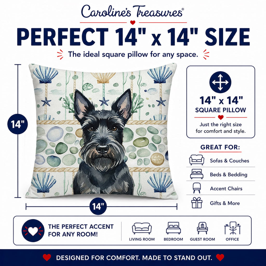 Scottish Terrier Coastal Sea Glass Decorative Throw Pillow 14x14 Indoor Outdoor Accent Cushion, Fabric Cover with Insert for Sofa, Bed, Porch & Living Room