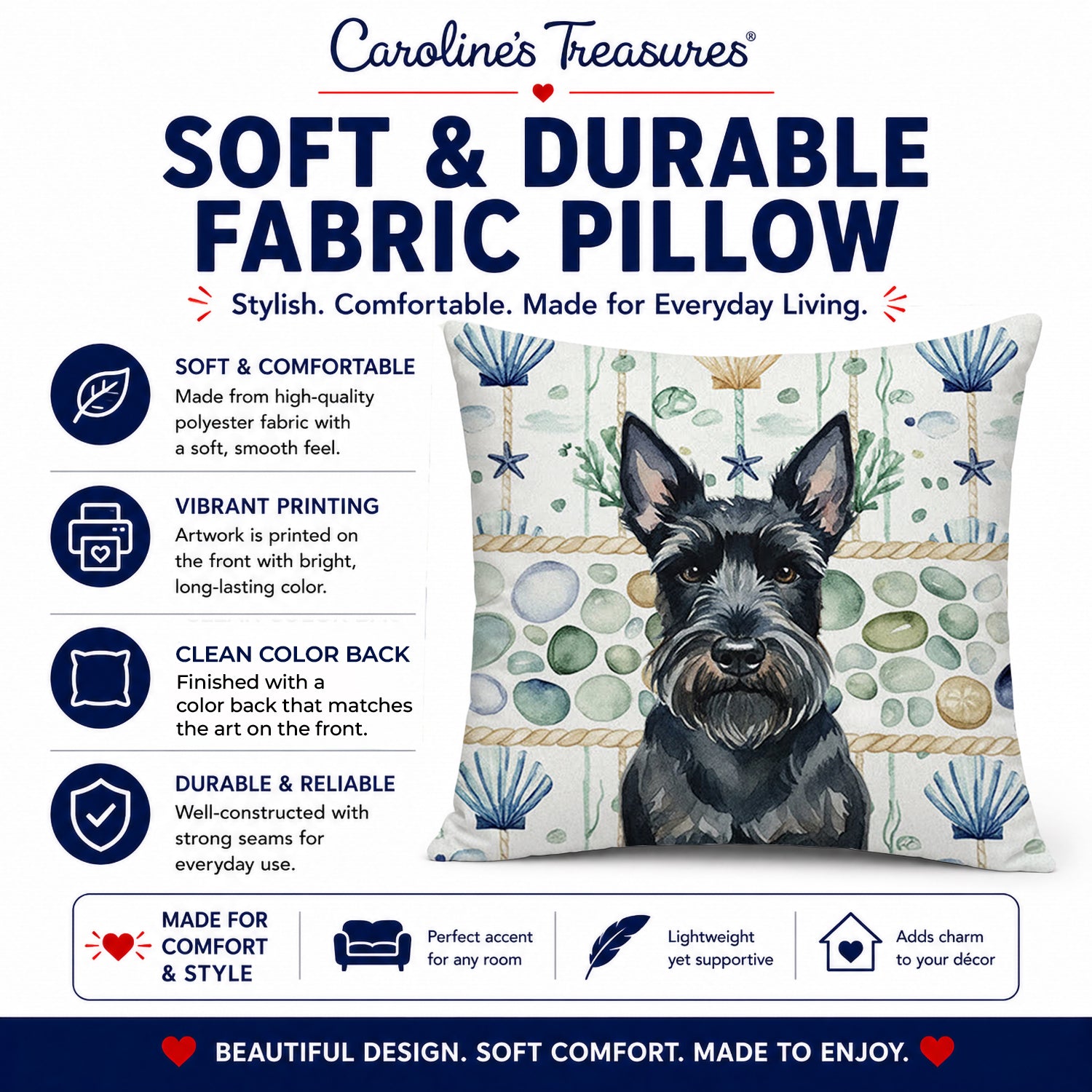 Scottish Terrier Coastal Sea Glass Decorative Throw Pillow 18x18 Indoor Outdoor Accent Cushion, Fabric Cover with Insert for Sofa, Bed, Porch & Living Room