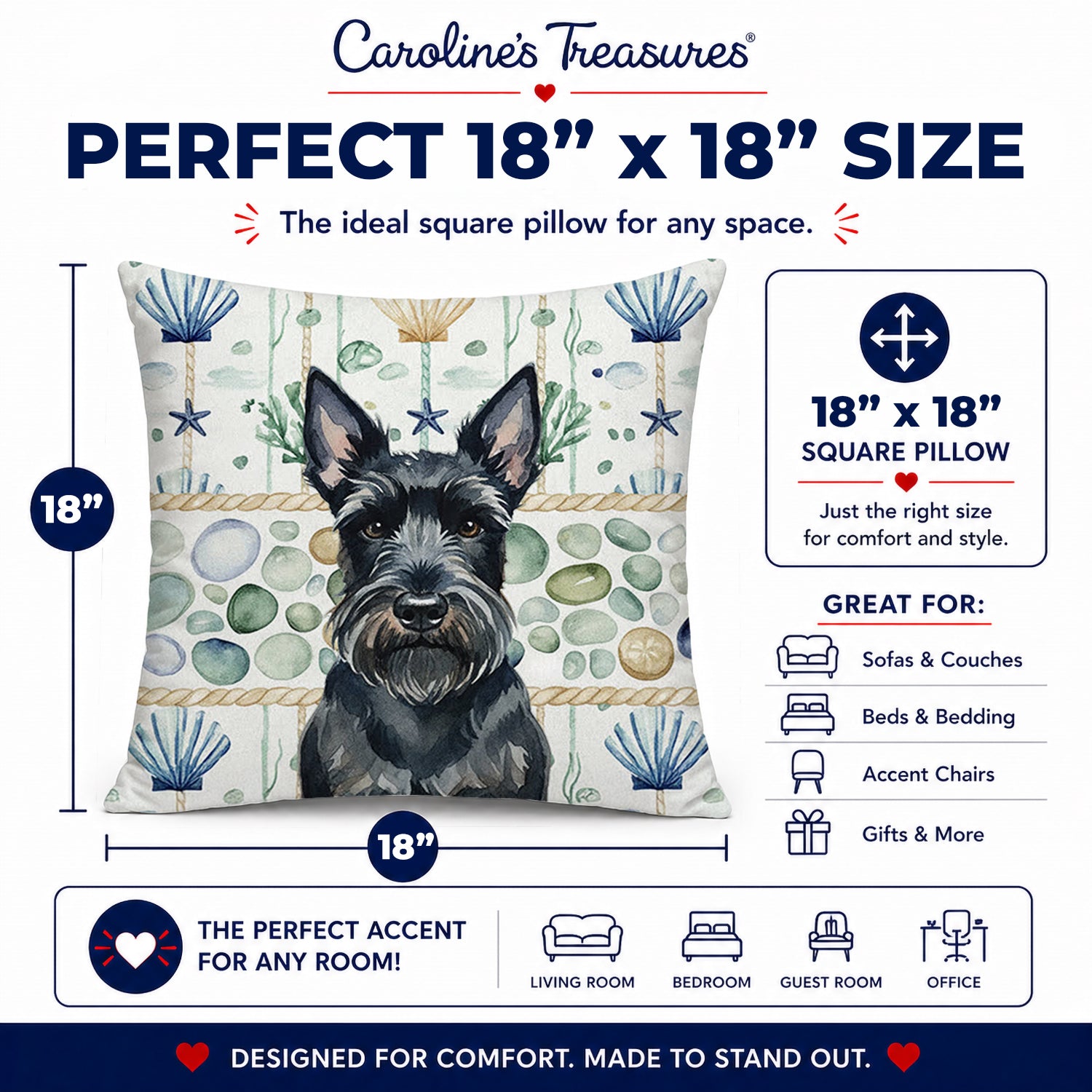 Scottish Terrier Coastal Sea Glass Decorative Throw Pillow 18x18 Indoor Outdoor Accent Cushion, Fabric Cover with Insert for Sofa, Bed, Porch & Living Room