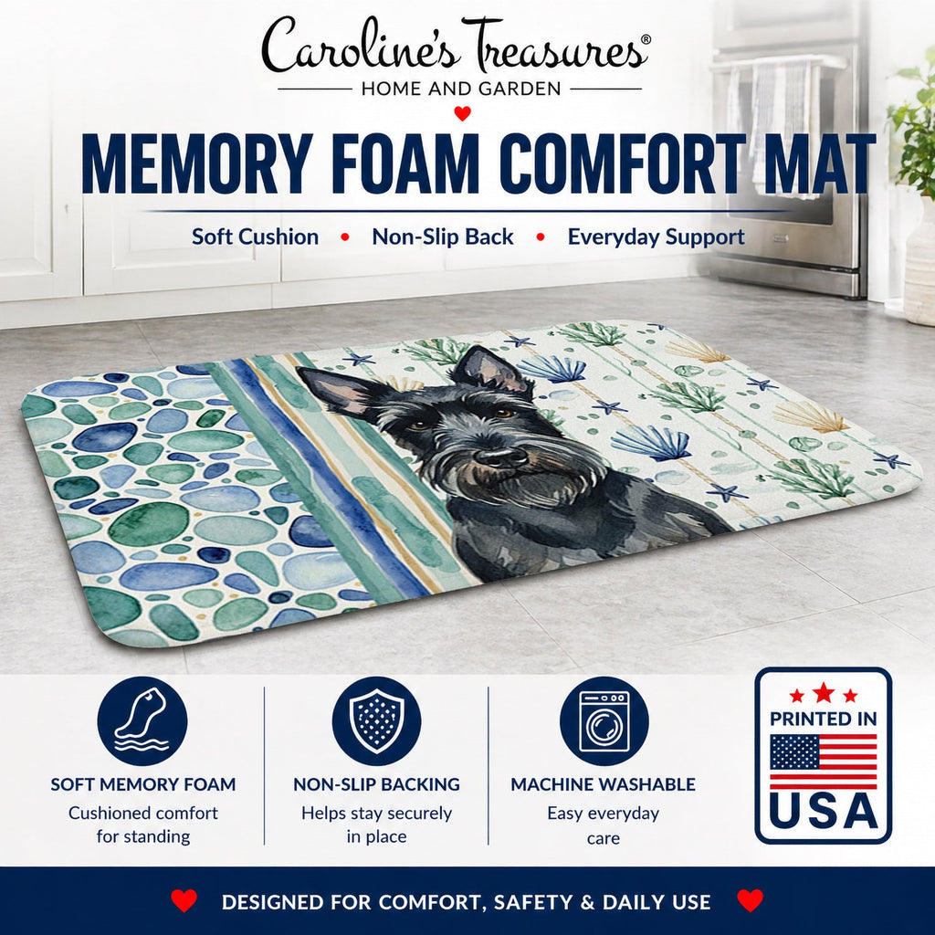 Scottish Terrier Coastal Sea Glass Memory Foam Kitchen Mat Machine Washable Anti-Fatigue Cushion Comfort Bath or Kitchen Rug