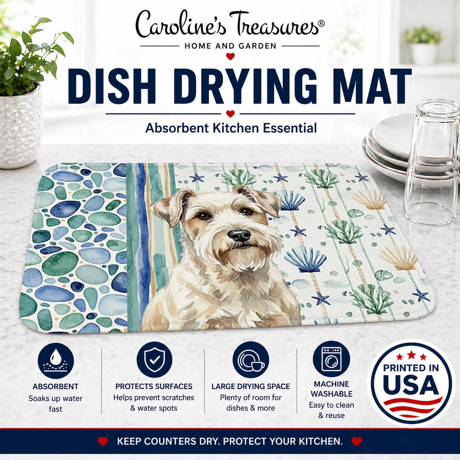 Sealyham Terrier Coastal Sea Glass Dish Drying Mat Absorbent Dish Drying Mat Pad for Kitchen Counter Dish Drainer Mat for Countertop, 14 x 21", Multicolor