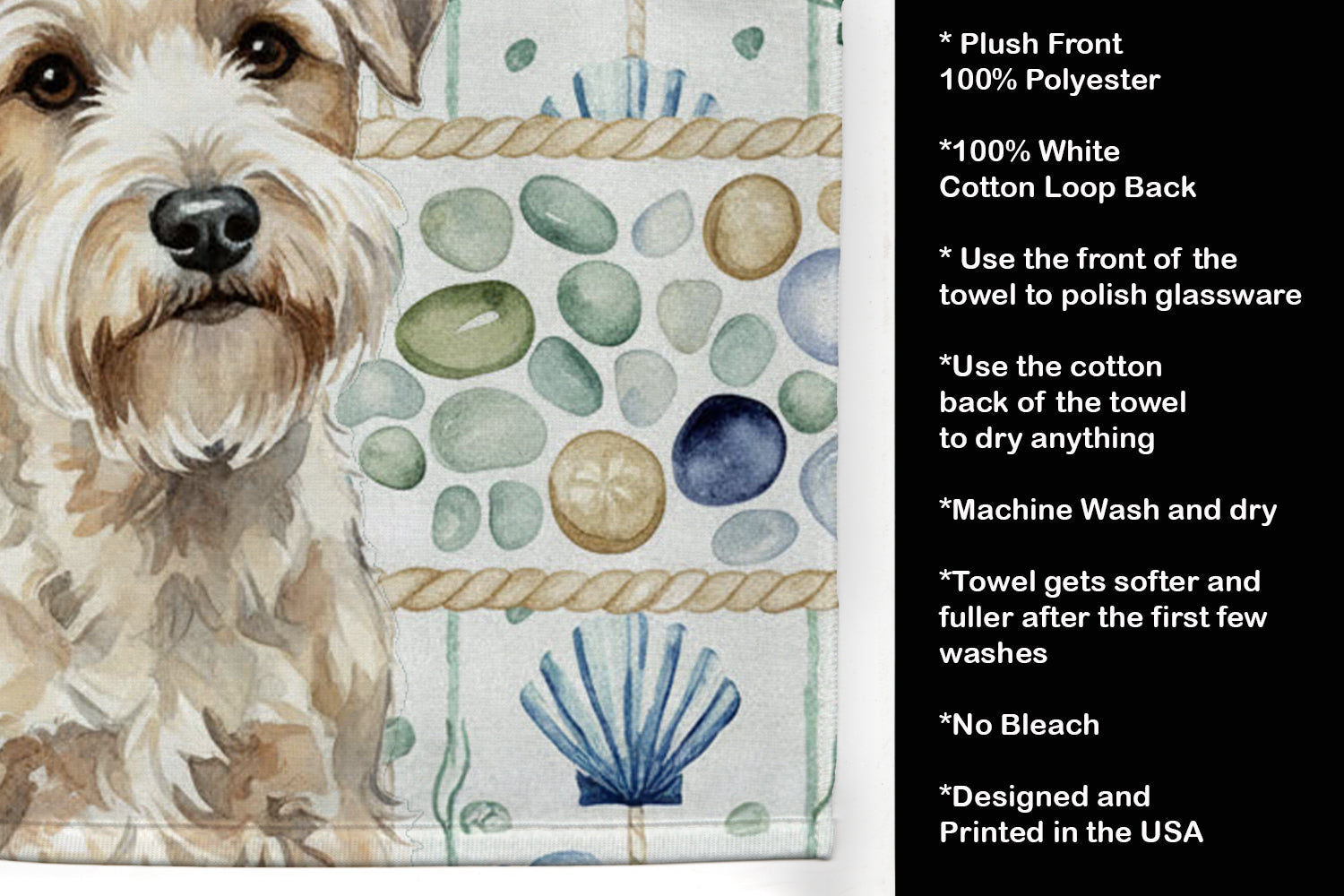 Sealyham Terrier Coastal Sea Glass Kitchen Towel Velour Plush Front and Cotton Loop Back Machine Washable
