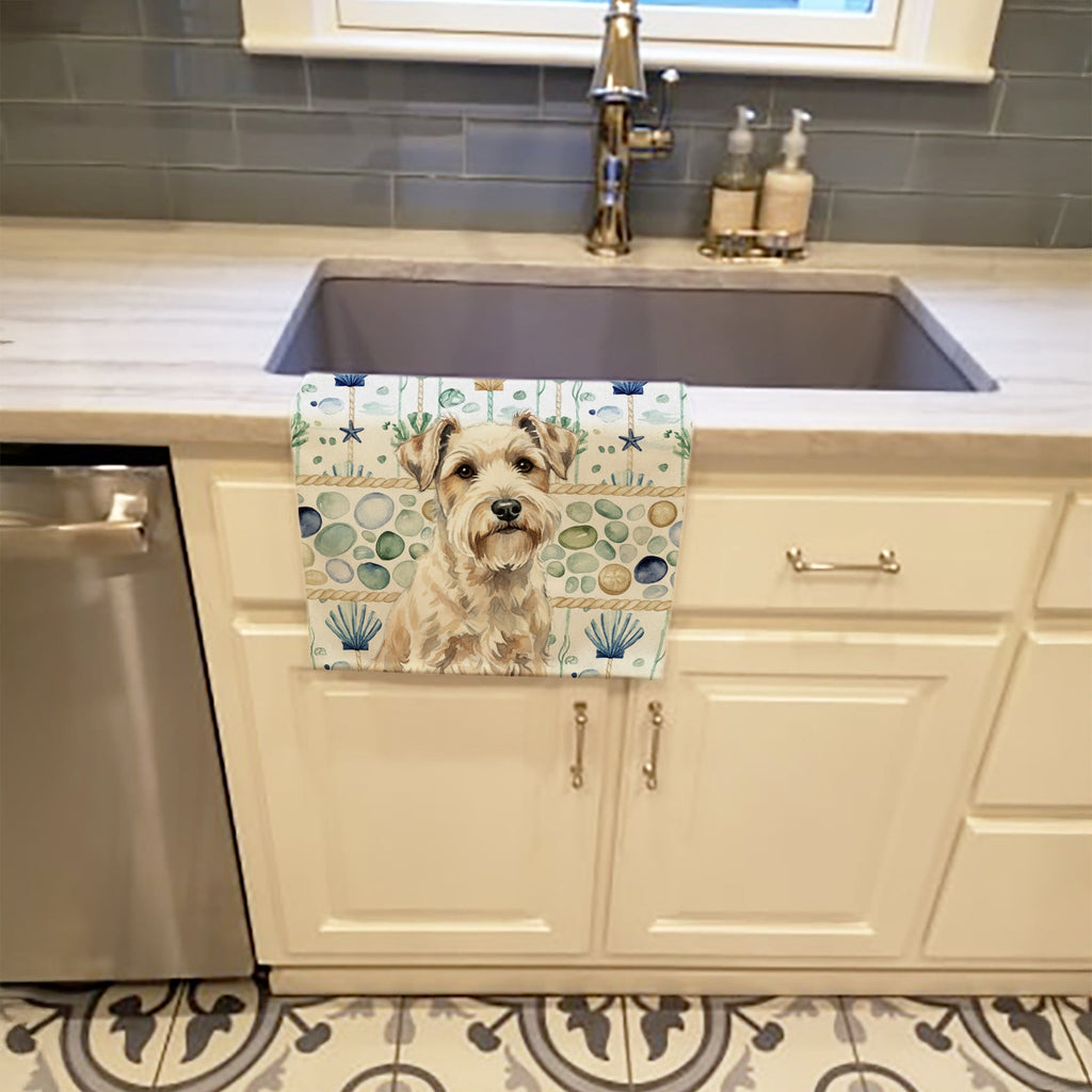 Sealyham Terrier Coastal Sea Glass Kitchen Towel Velour Plush Front and Cotton Loop Back Machine Washable