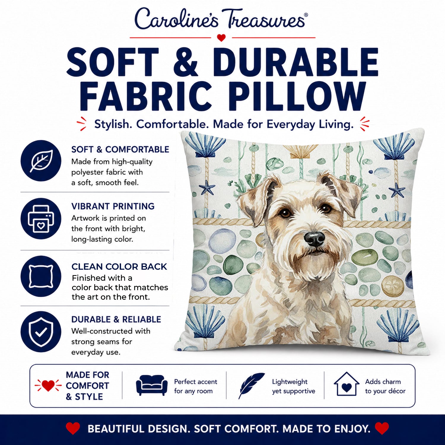 Sealyham Terrier Coastal Sea Glass Decorative Throw Pillow 18x18 Indoor Outdoor Accent Cushion, Fabric Cover with Insert for Sofa, Bed, Porch & Living Room