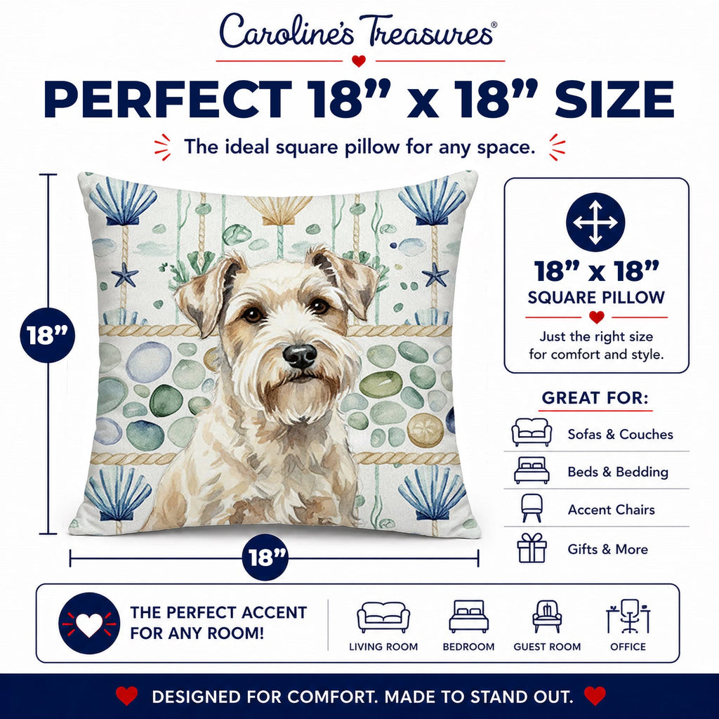 Sealyham Terrier Coastal Sea Glass Decorative Throw Pillow 18x18 Indoor Outdoor Accent Cushion, Fabric Cover with Insert for Sofa, Bed, Porch & Living Room