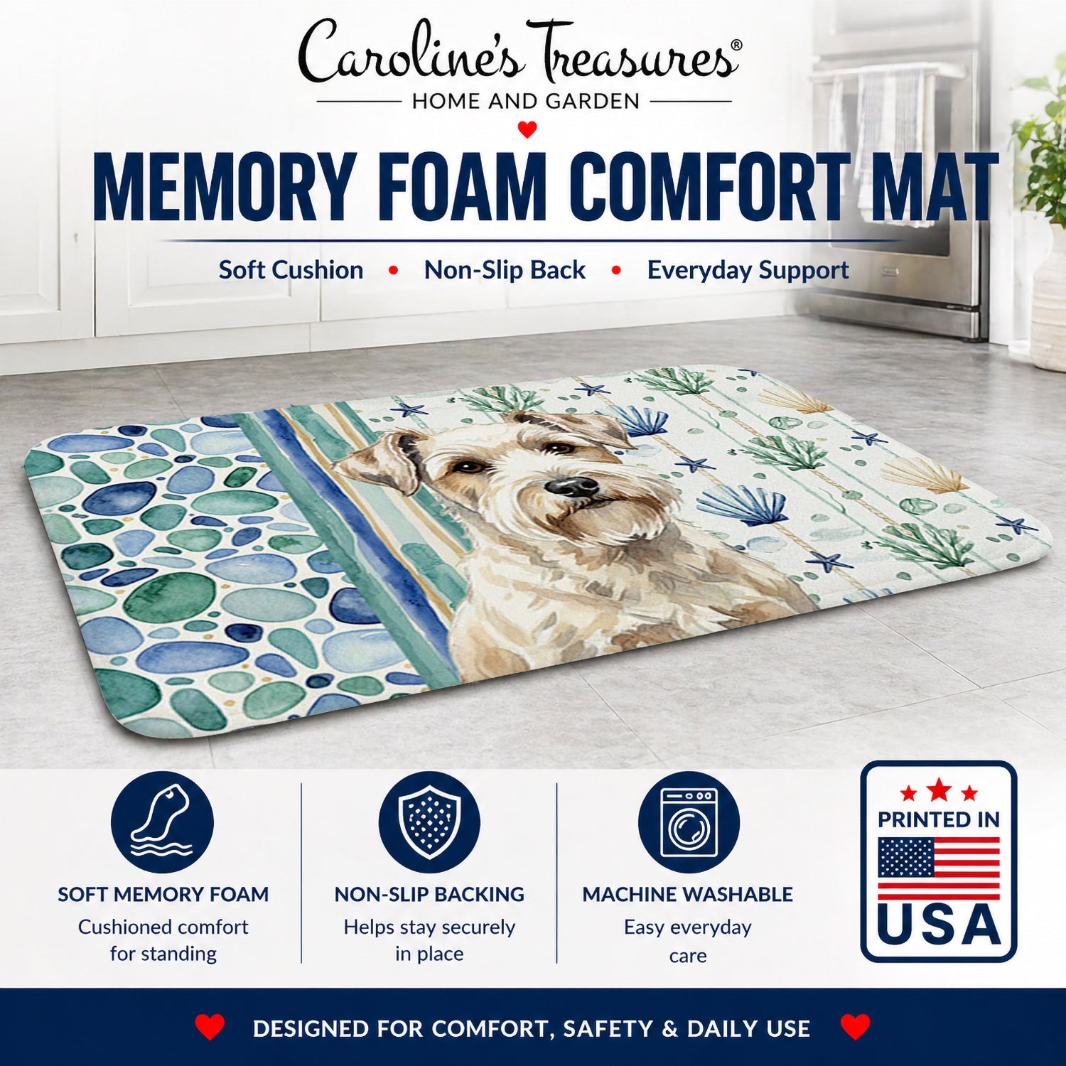 Sealyham Terrier Coastal Sea Glass Memory Foam Kitchen Mat Machine Washable Anti-Fatigue Cushion Comfort Bath or Kitchen Rug