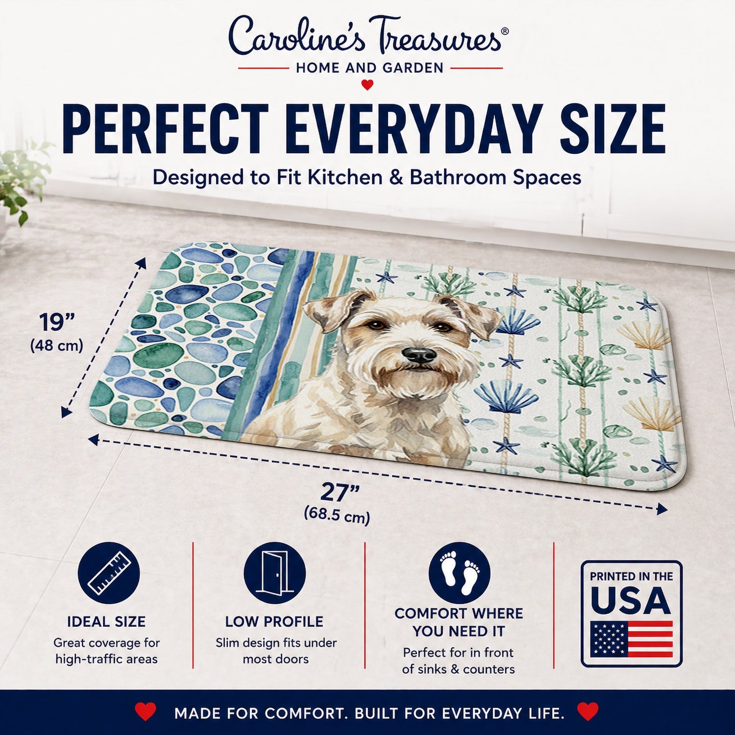 Sealyham Terrier Coastal Sea Glass Memory Foam Kitchen Mat Machine Washable Anti-Fatigue Cushion Comfort Bath or Kitchen Rug