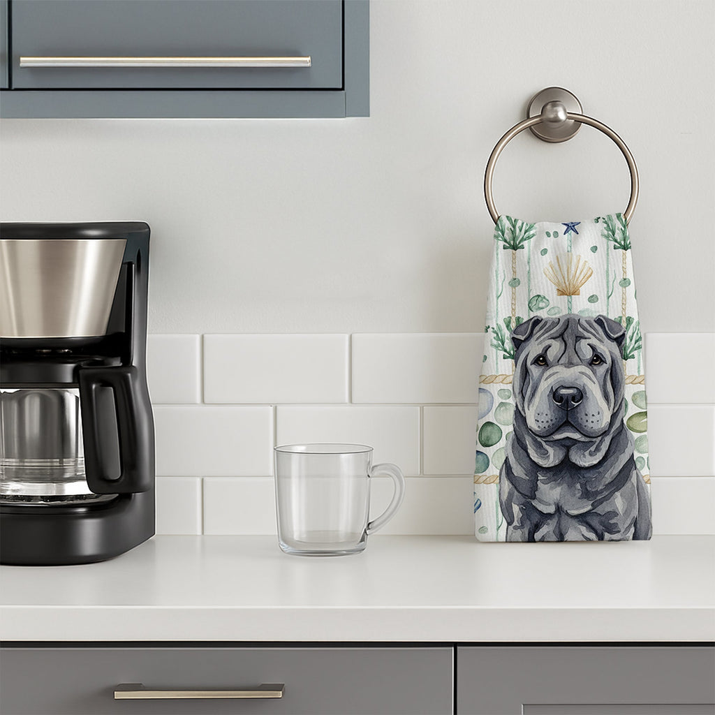 Black Shar Pei Coastal Sea Glass Kitchen Towel Velour Plush Front and Cotton Loop Back Machine Washable