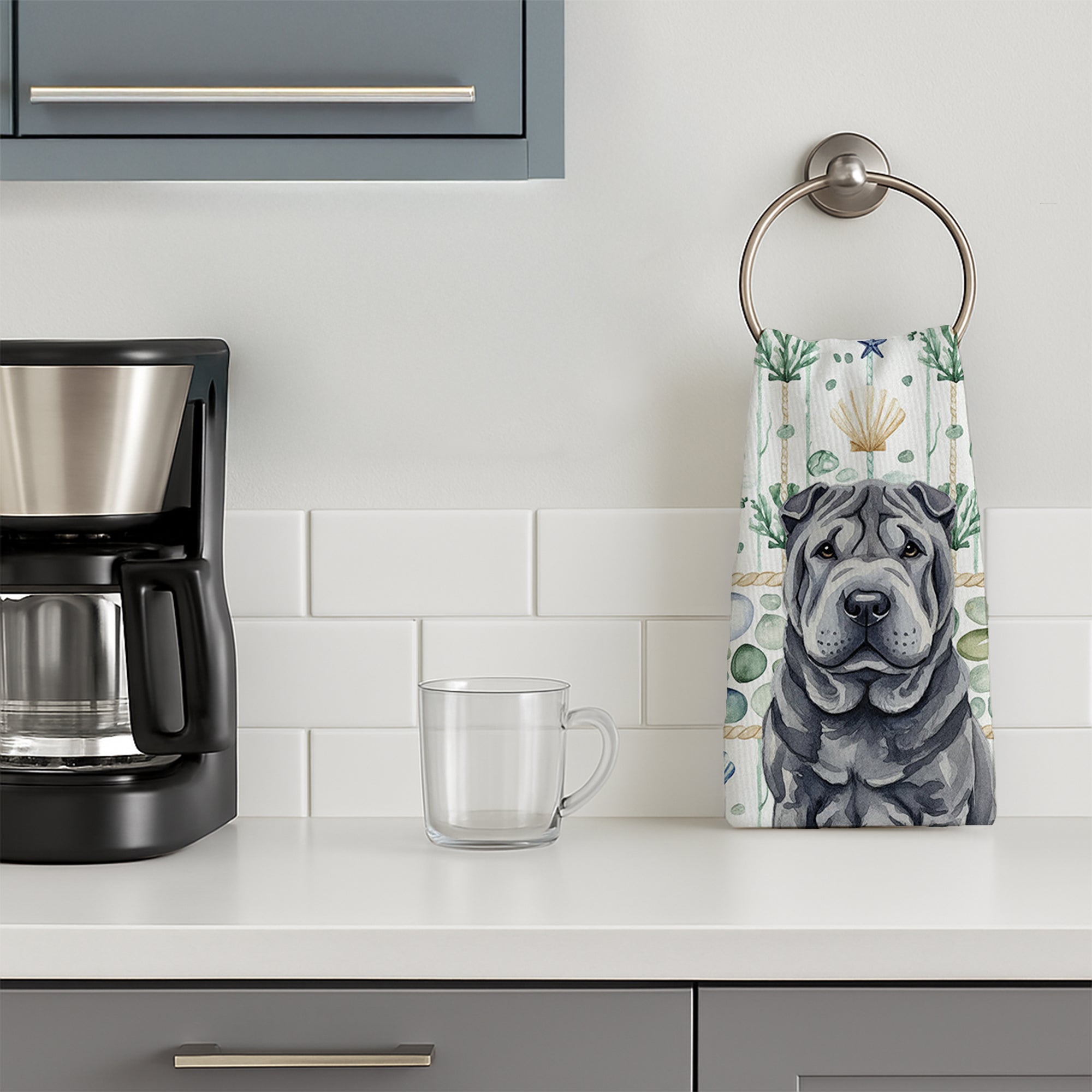 Black Shar Pei Coastal Sea Glass Kitchen Towel Velour Plush Front and Cotton Loop Back Machine Washable