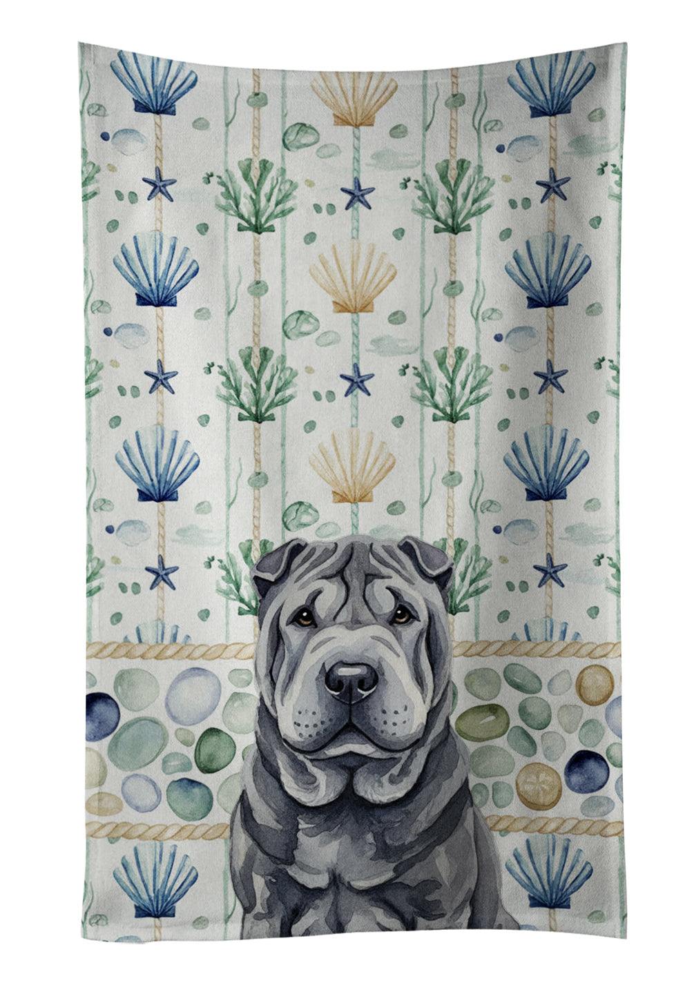 Black Shar Pei Coastal Sea Glass Kitchen Towel Velour Plush Front and Cotton Loop Back Machine Washable