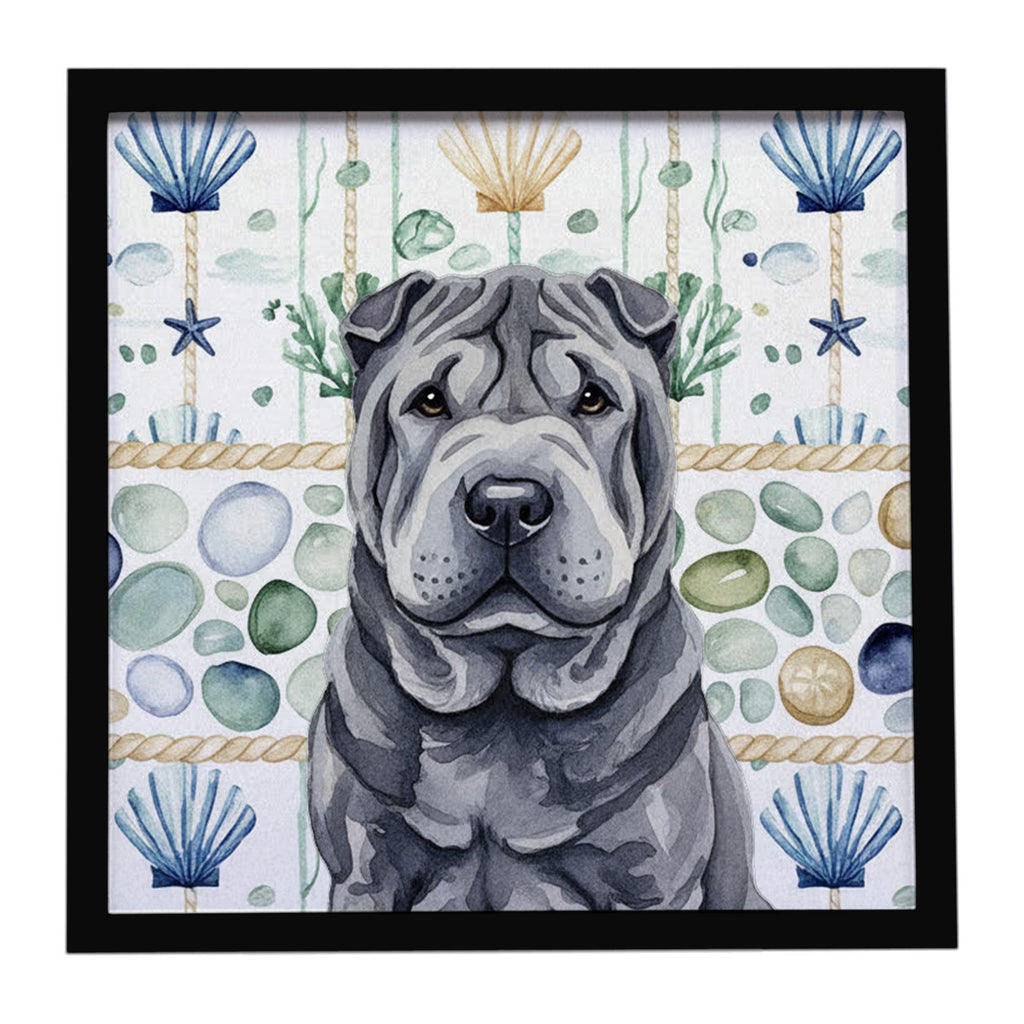 Black Shar Pei Coastal Sea Glass Framed Metal Print Bathroom, Kitchen, Office, Home Decor Wall Art Ready to Hang, Square, 8X8