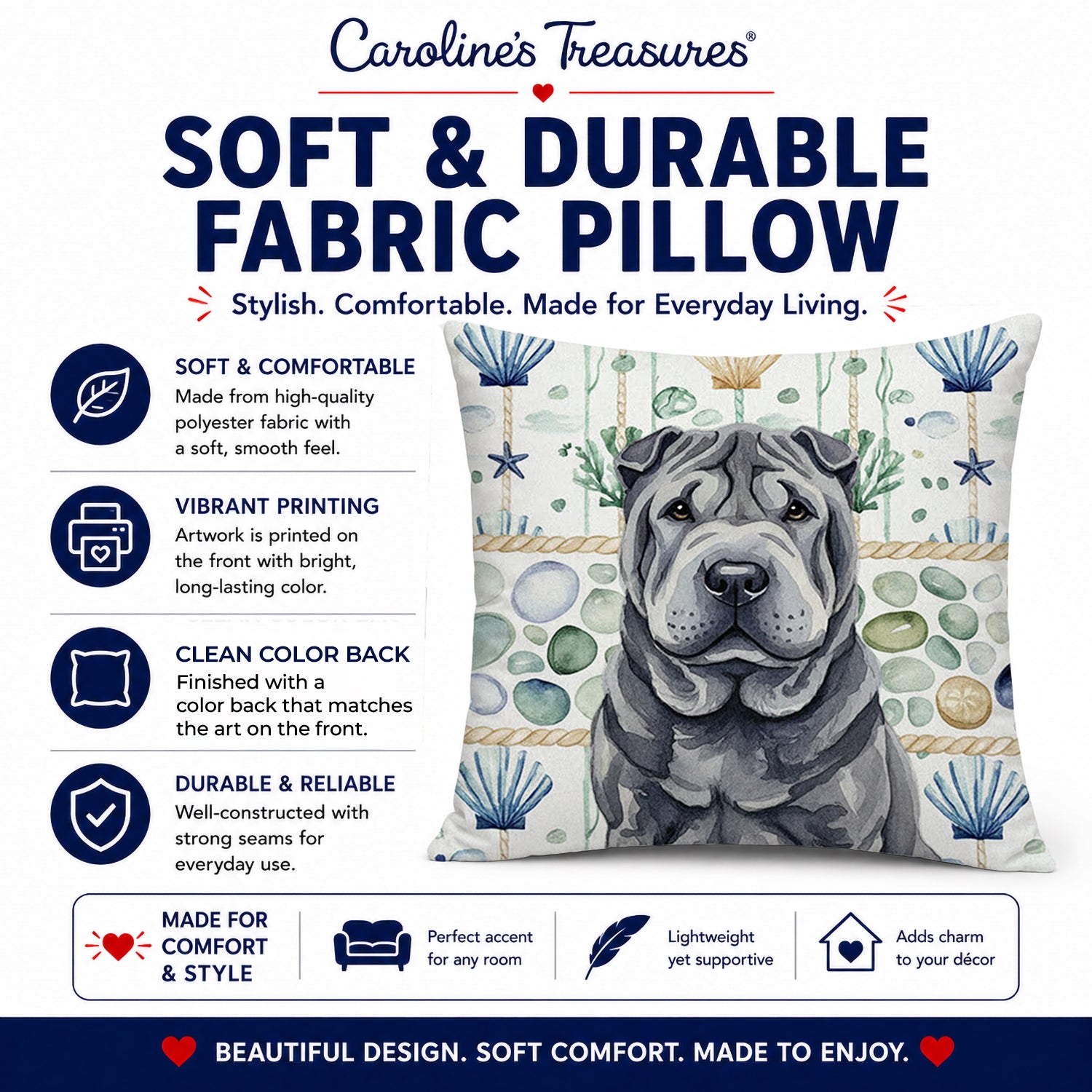 Black Shar Pei Coastal Sea Glass Decorative Throw Pillow 14x14 Indoor Outdoor Accent Cushion, Fabric Cover with Insert for Sofa, Bed, Porch & Living Room
