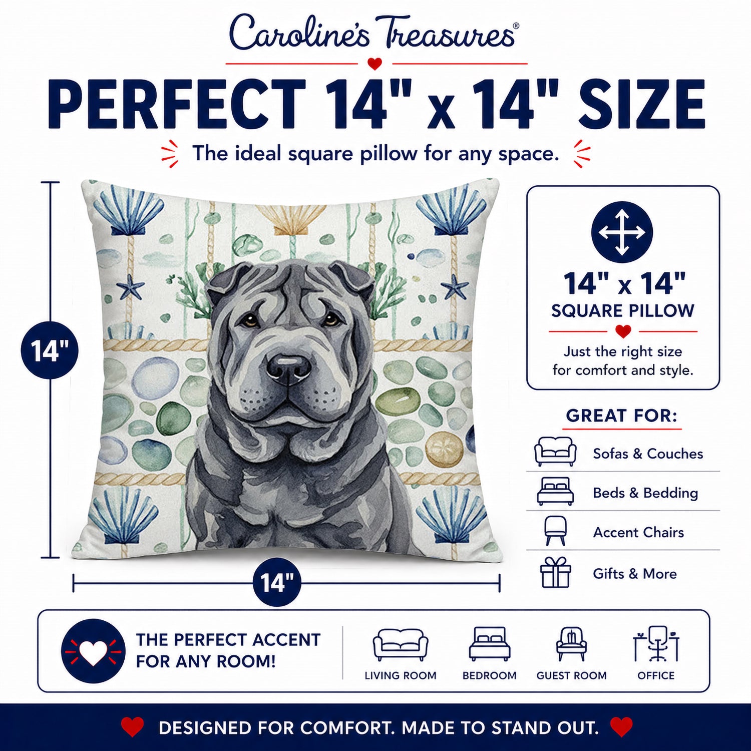 Black Shar Pei Coastal Sea Glass Decorative Throw Pillow 14x14 Indoor Outdoor Accent Cushion, Fabric Cover with Insert for Sofa, Bed, Porch & Living Room