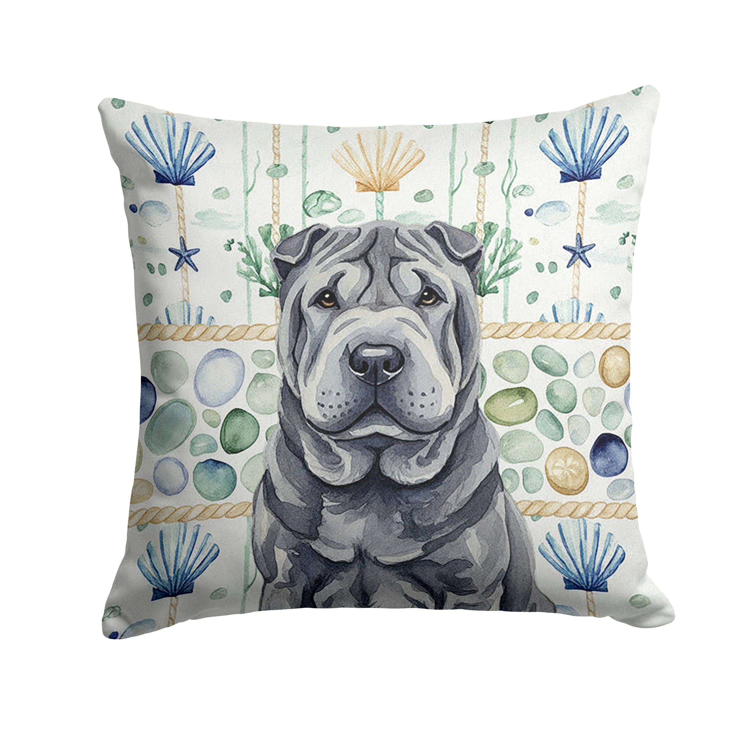 Black Shar Pei Coastal Sea Glass Decorative Throw Pillow 14x14 Indoor Outdoor Accent Cushion, Fabric Cover with Insert for Sofa, Bed, Porch & Living Room