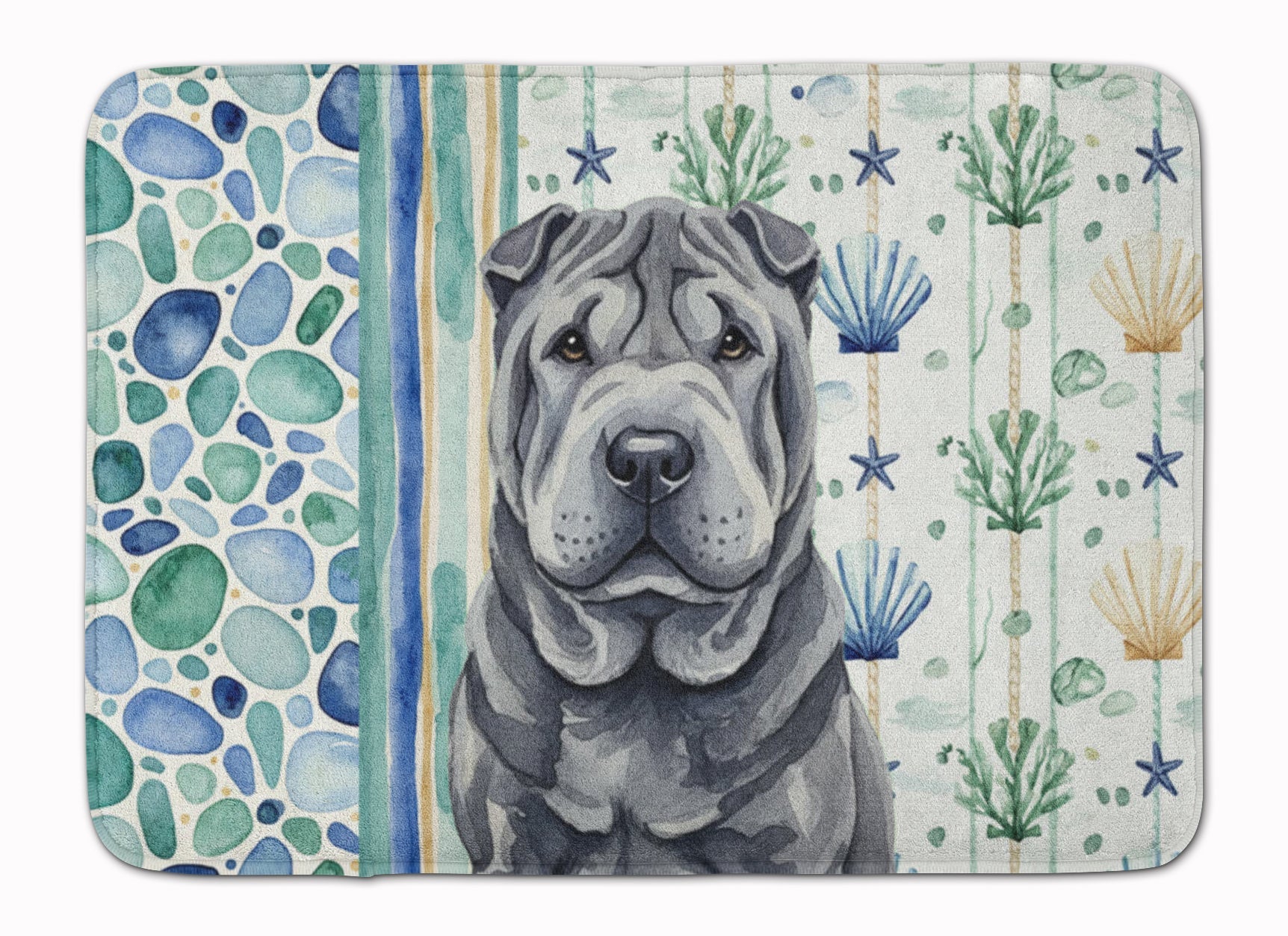 Black Shar Pei Coastal Sea Glass Memory Foam Kitchen Mat Machine Washable Anti-Fatigue Cushion Comfort Bath or Kitchen Rug