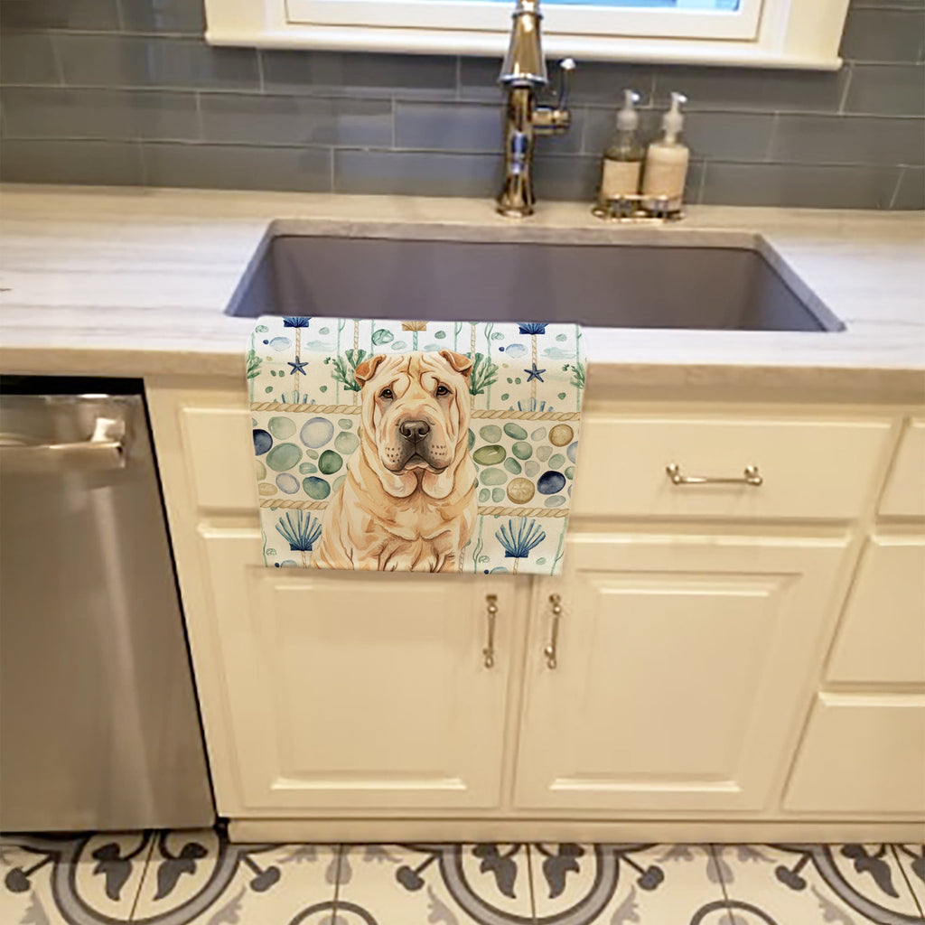 Shar Pei Coastal Sea Glass Kitchen Towel Velour Plush Front and Cotton Loop Back Machine Washable