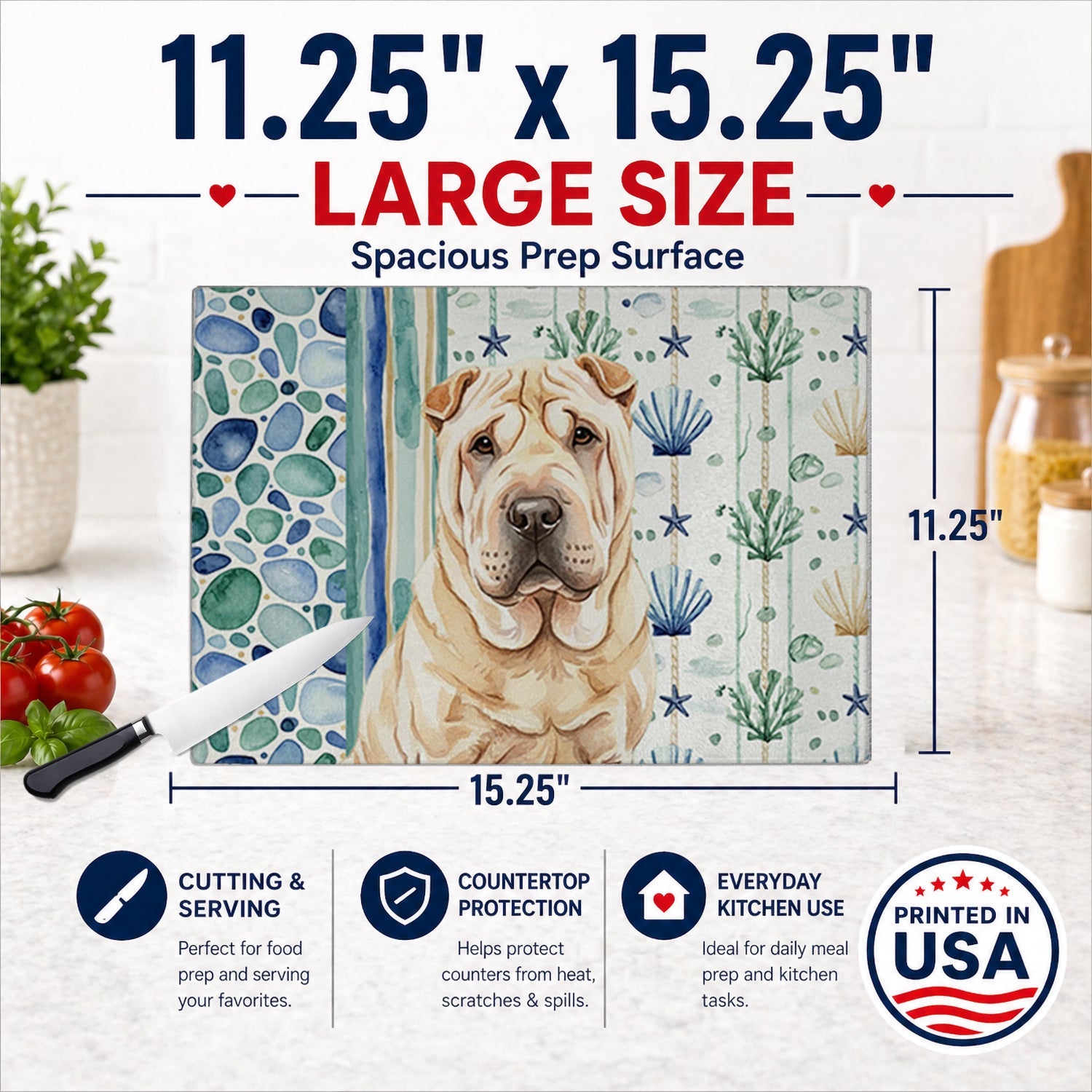 Shar Pei Coastal Sea Glass Cutting Board Tempered Glass Kitchen Cutting Surface, Heat Resistant Chopping, Non-Slip Feet, Food Prep & Serving