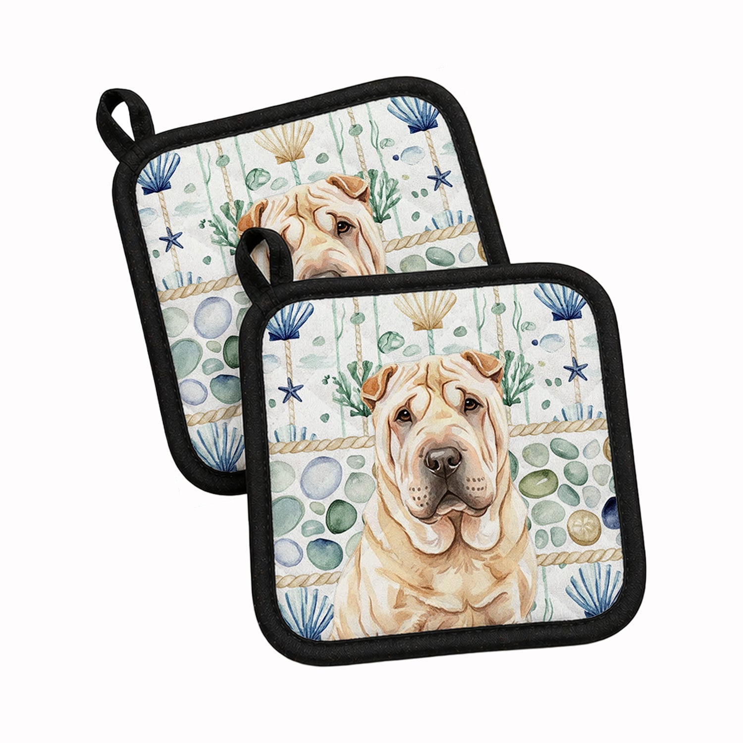 Shar Pei Coastal Sea Glass Pot Holder Set of 2 Heat Resistant Quilted Hot Pads 7.5 x 7.5 Inch, Insulated Kitchen Trivets for Cooking & Baking