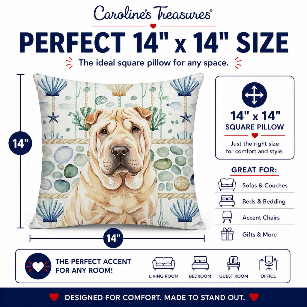 Shar Pei Coastal Sea Glass Decorative Throw Pillow 14x14 Indoor Outdoor Accent Cushion, Fabric Cover with Insert for Sofa, Bed, Porch & Living Room