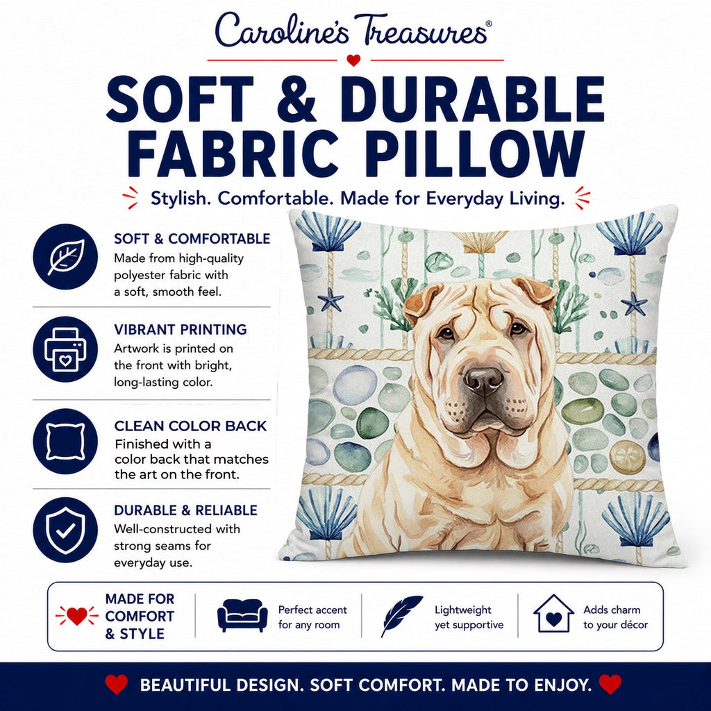Shar Pei Coastal Sea Glass Decorative Throw Pillow 18x18 Indoor Outdoor Accent Cushion, Fabric Cover with Insert for Sofa, Bed, Porch & Living Room