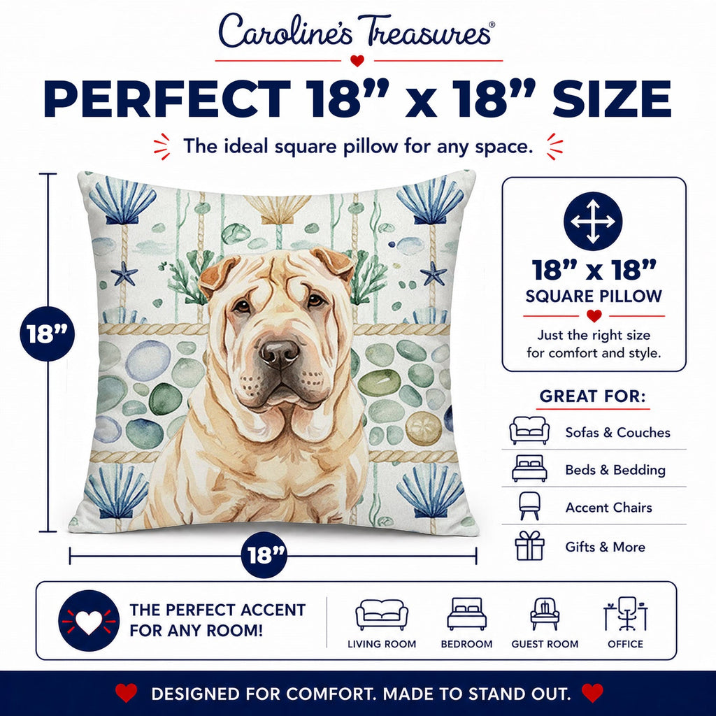 Shar Pei Coastal Sea Glass Decorative Throw Pillow 18x18 Indoor Outdoor Accent Cushion, Fabric Cover with Insert for Sofa, Bed, Porch & Living Room