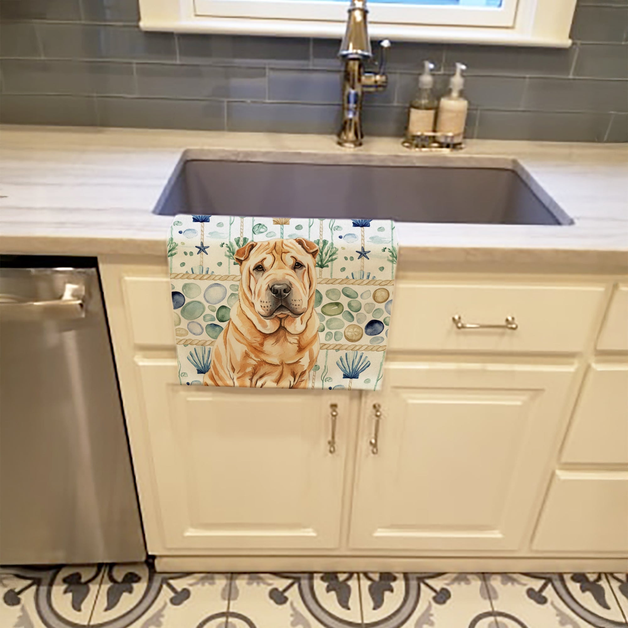Red Shar Pei Coastal Sea Glass Kitchen Towel Velour Plush Front and Cotton Loop Back Machine Washable