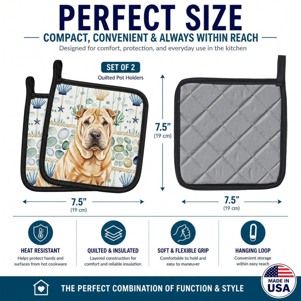 Red Shar Pei Coastal Sea Glass Pot Holder Set of 2 Heat Resistant Quilted Hot Pads 7.5 x 7.5 Inch, Insulated Kitchen Trivets for Cooking & Baking