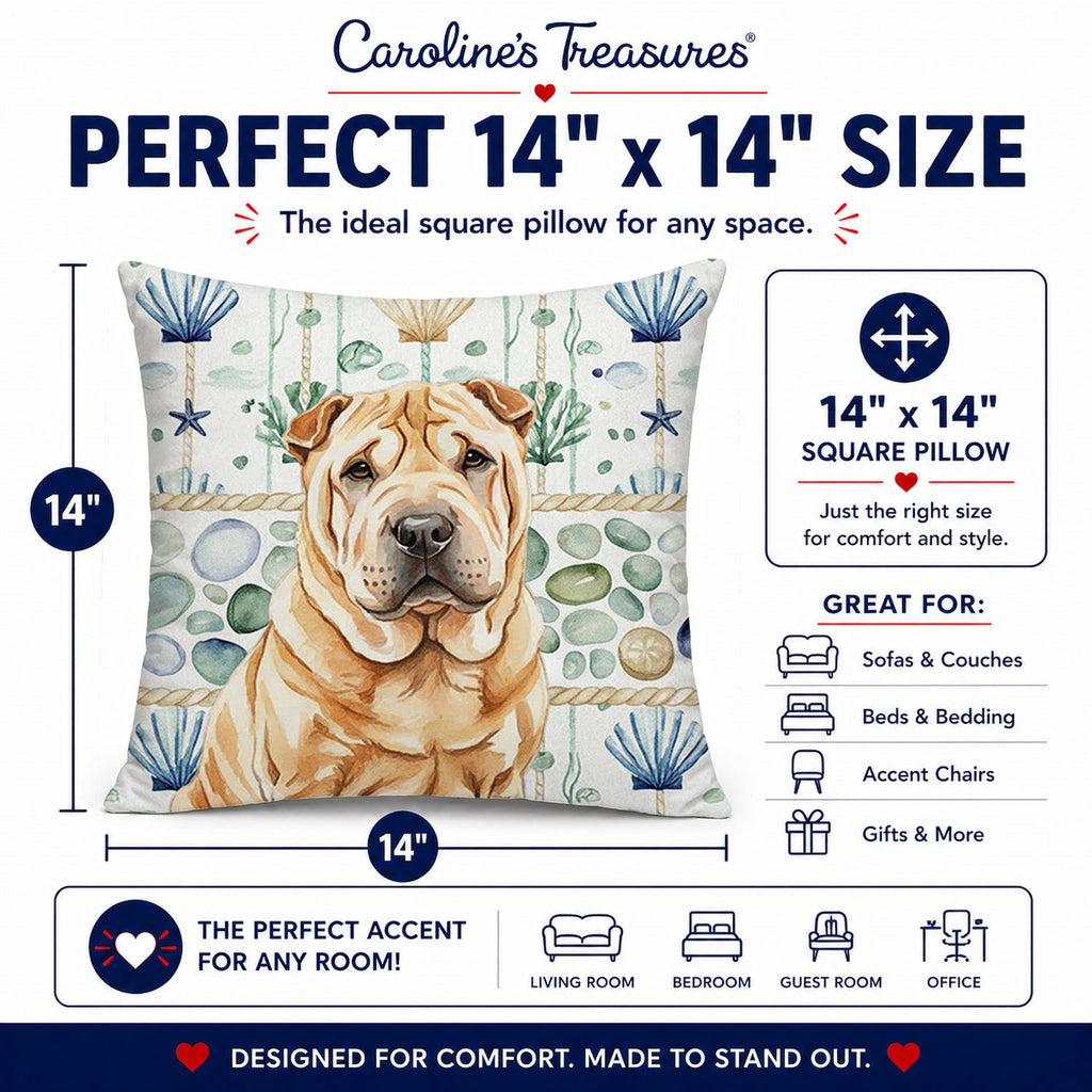 Red Shar Pei Coastal Sea Glass Decorative Throw Pillow 14x14 Indoor Outdoor Accent Cushion, Fabric Cover with Insert for Sofa, Bed, Porch & Living Room