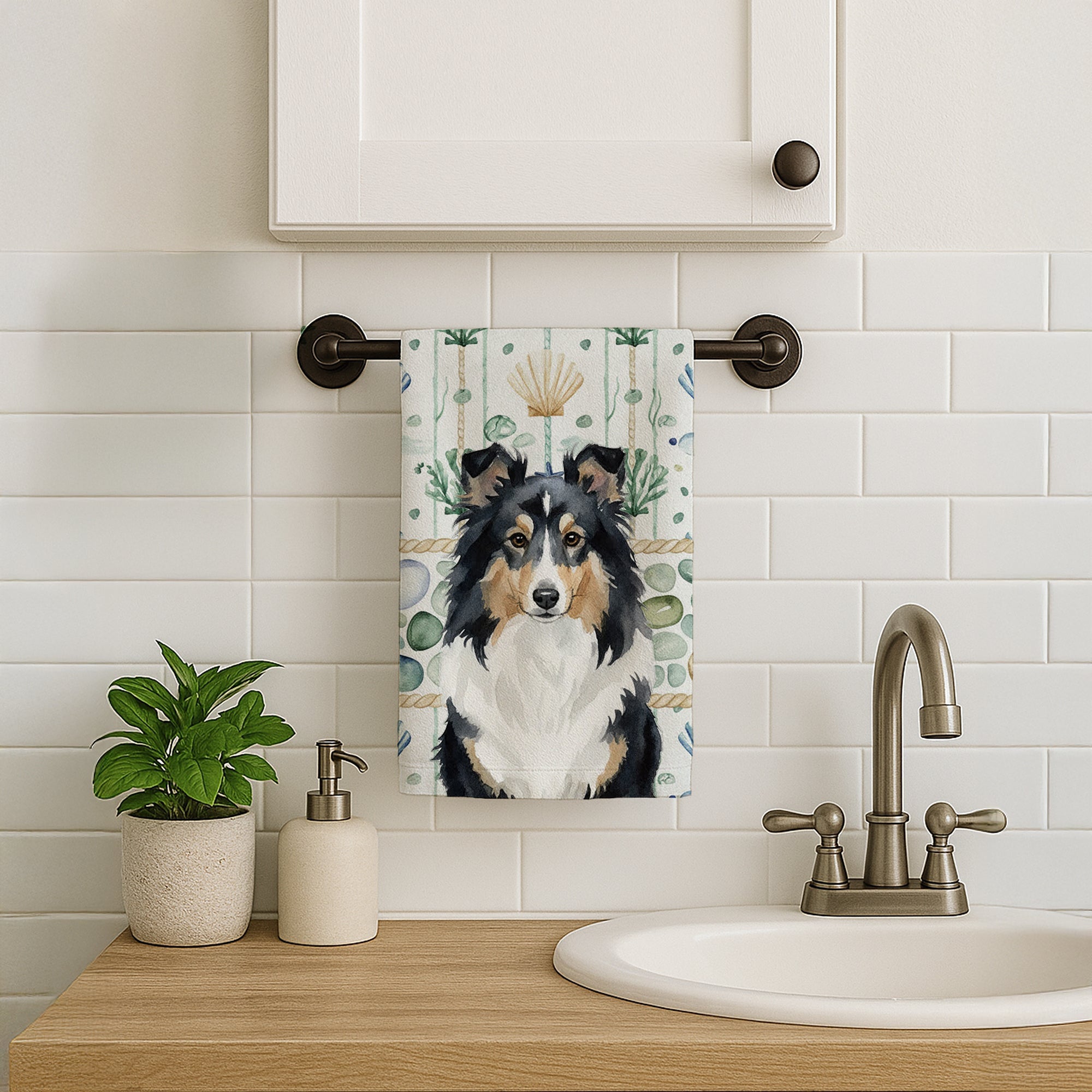Tricolor Sheltie Coastal Sea Glass Kitchen Towel Velour Plush Front and Cotton Loop Back Machine Washable