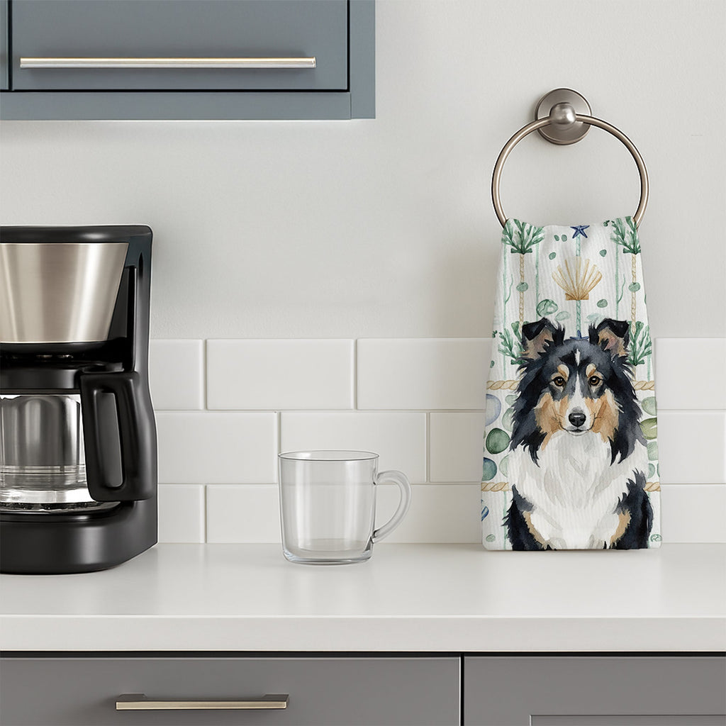 Tricolor Sheltie Coastal Sea Glass Kitchen Towel Velour Plush Front and Cotton Loop Back Machine Washable