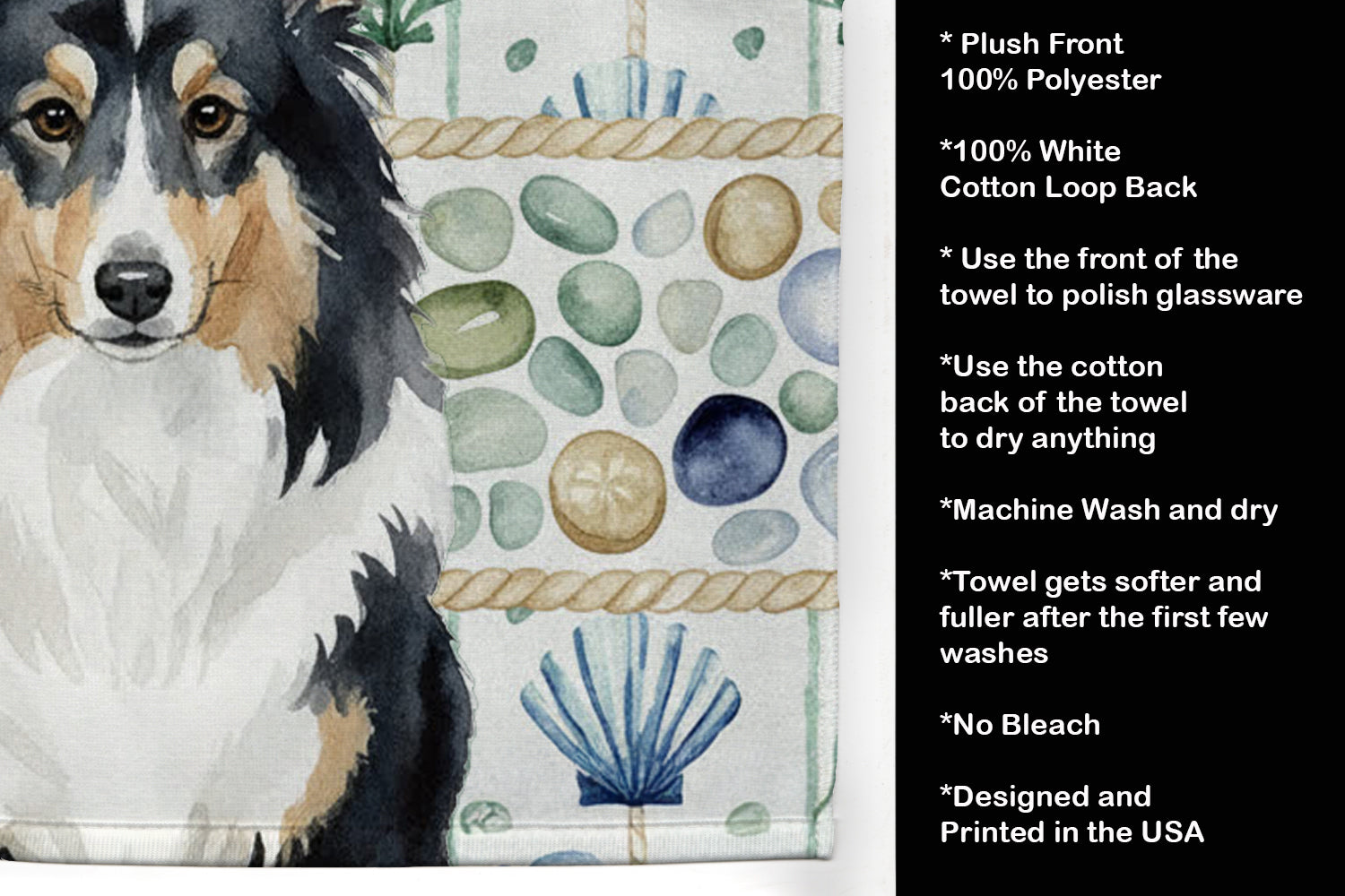 Tricolor Sheltie Coastal Sea Glass Kitchen Towel Velour Plush Front and Cotton Loop Back Machine Washable
