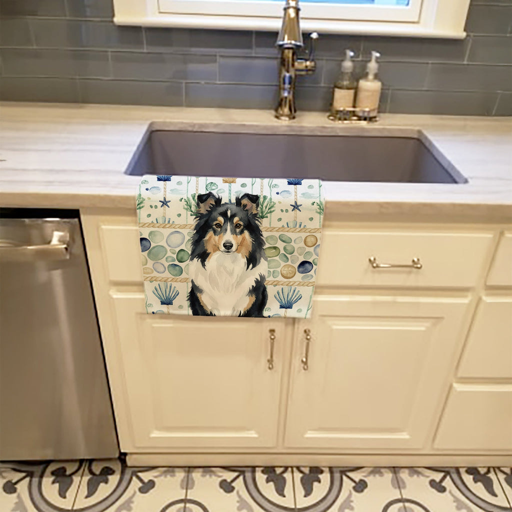 Tricolor Sheltie Coastal Sea Glass Kitchen Towel Velour Plush Front and Cotton Loop Back Machine Washable