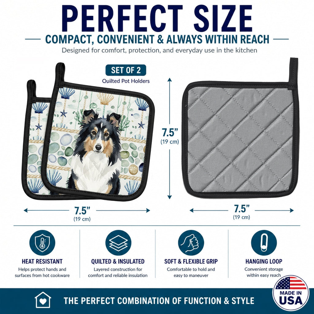 Tricolor Sheltie Coastal Sea Glass Pot Holder Set of 2 Heat Resistant Quilted Hot Pads 7.5 x 7.5 Inch, Insulated Kitchen Trivets for Cooking & Baking