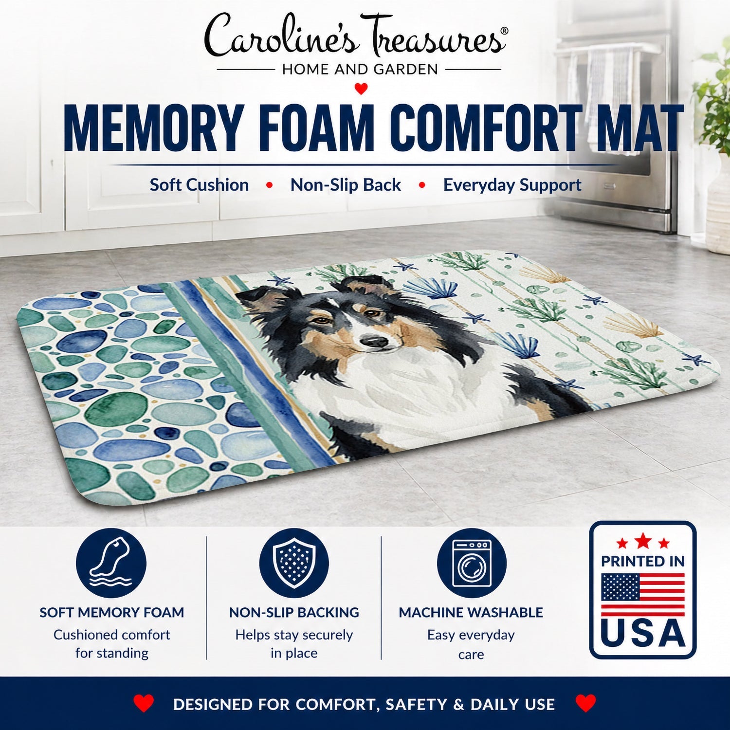 Tricolor Sheltie Coastal Sea Glass Memory Foam Kitchen Mat Machine Washable Anti-Fatigue Cushion Comfort Bath or Kitchen Rug